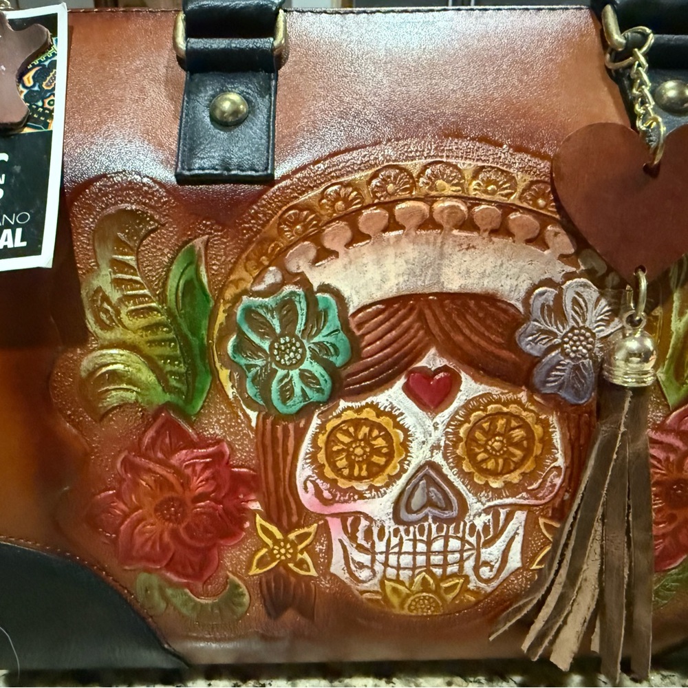 Mexicana Skull - Brown Leather Handbag with Floral Design